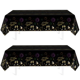2 Pack New Years Tablecloths,Plastic Table Cloths Disposable,54 x 108 Inch,Black and Gold Tablecloths for Rectangular,New Years Decorations,New Years Eve Party Supplies,2025 Happy Nye Party Supplies