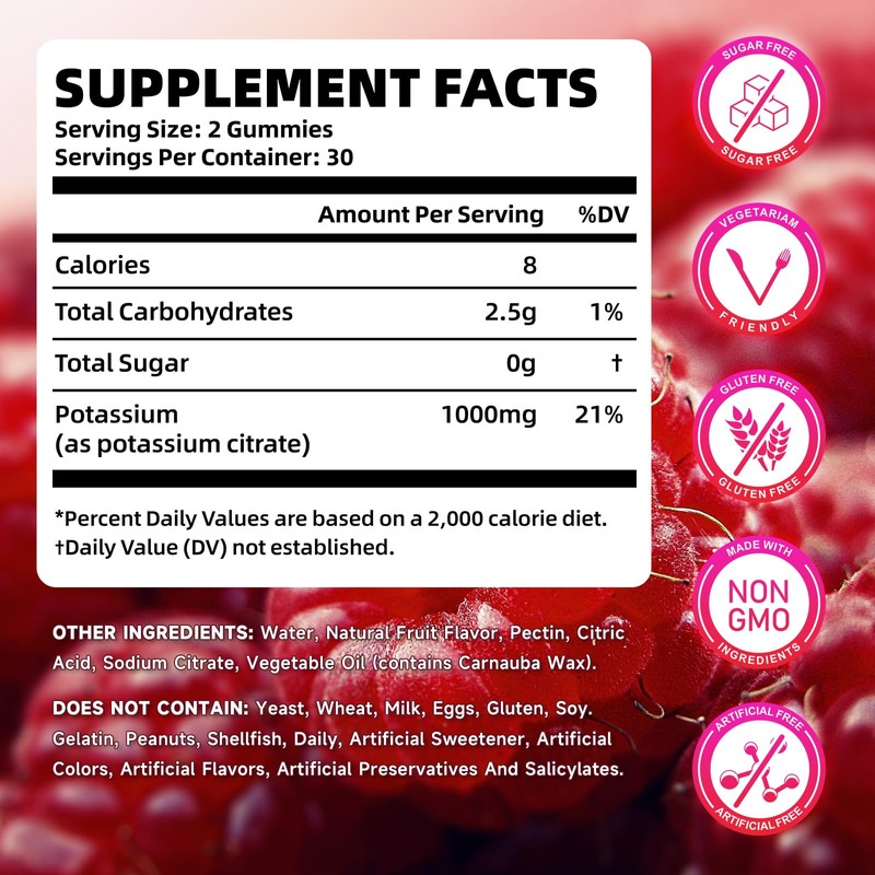 2 Pack Potassium Citrate Gummies 1000mg, Potassium Supplement for Adults