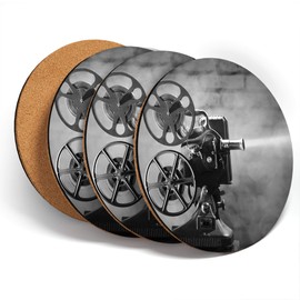 Destination Vinyl ltd Great Coasters (Set of 4) Round - BW - Vintage Old Movie Projector Films Cinema Drink Glossy Coasters/Tabletop Protection for Any Table Type #43727