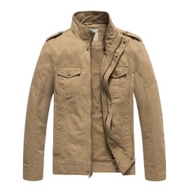 WenVen Men's Spring Outdoor Casual Washed Cotton Jacket (Khaki, XXX-Large)