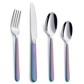 Onlycooker 16-Piece Rainbow Silverware Set,18/0 Stainless Steel Cutlery Set, Service for 4, Modern Silverware Set Includes Dinner Knives Forks Spoons, Mirror Polished, Dishwasher Safe