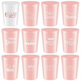 Baderke 12 Pcs Bachelorette Cups 16 oz Reusable Bride and Bridesmaid Cups Plastic Tumblers for Wedding Bachelorette Party Decorations Bridal Shower Party Favors Gift