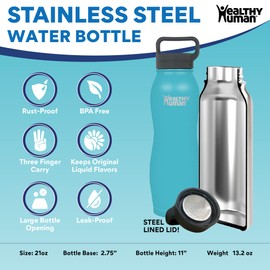 Healthy Human Stainless Steel Curve Water Bottle | 100% BPA Free & Double Walled Vacuum Insulated Water Bottles | Eco-Friendly & Durable Bottle with Leak Proof Lid (21 oz/ 621 ML, Glacier)