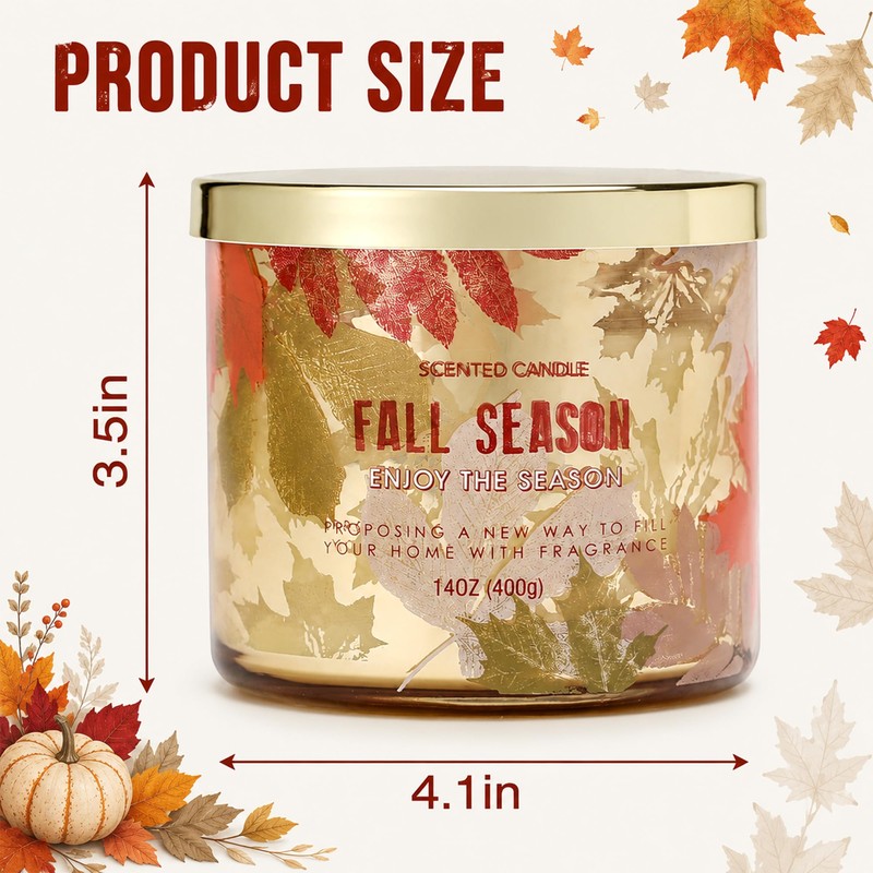 Fall Candle,Autumn Leaves Scented Candle,Large 3 Wicks,Fall Gift Decor,14oz