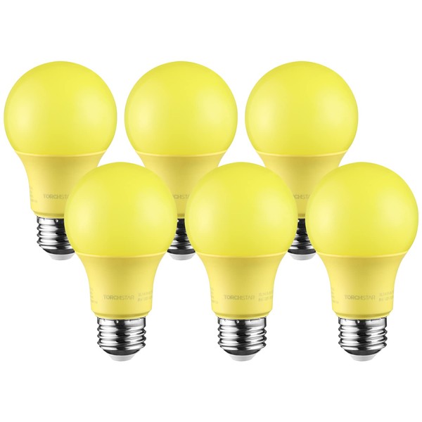 TORCHSTAR LED A19 Yellow Bulbs, 8W (40W Equivalent) Light Bulb, E26/E27 Base, Outdoor Bug Free Lights for Porch, Patio, Backyard, Entry Way, Pack of 6