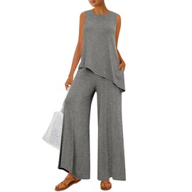 PRETTYGARDEN Women's 2025 Two Piece Matching Lounge Sets Asymmetrical Split Tank Tops Wide Leg Pants Summer Outfits Tracksuit (Grey,Medium)