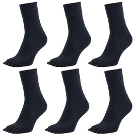 Asuka Men's 5-Toe Socks, 100% Cotton, Solid Color, Half / Crew Length, Black 6 Pairs