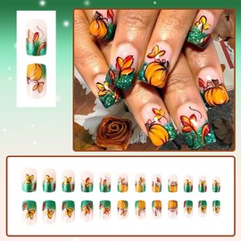 24Pcs Pumpkin Press on Nails Length Medium Square Fake Nails Green French Tips with Glitter Orange Leaf Design Autumn Glue on Nails Glossy Nude False Nail for Women Decor Nail Accessories