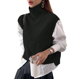 Naileksi Women Turtleneck Crop Sweater Vest Sleeveless High Neck Solid Loose Fit Knitted Causal Jumper Top Streetwear Black