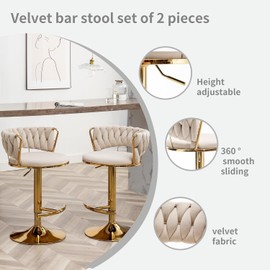 Canxkun Gold Bar Stools Set of 2, Counter Height Bar Stools with Low Back, Velvet Adjustable Height Barstools, 360° Swivel Bar Stools for Kitchen Island, Pub (Beige)