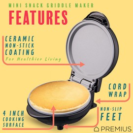 PREMIUS Ceramic NonStick Mini Snack Griddle Maker, 4” Mold, Quick Heat Up, Individual Fluffy Pancakes, Grilled Cheese, Eggs, Pizzas, Cookies & On-the-Go Breakfast & Lunch, Just Add Batter (Black)