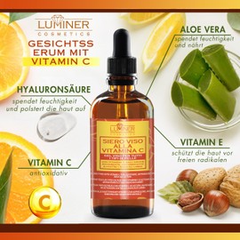 Luminer Vitamin C Serum 100 ml - Hyaluronic Serum Face with Snail Slime, Aloe Vera & Vitamin E - Moisturising Anti-Ageing Face Serum for Smooth Skin