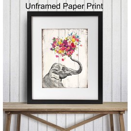 Elephant Floral Heart Boho Wall Art - Vintage Rustic Picture for Room Decor, Home Decoration, Bedroom, Bathroom, Apartment - Cute, Unique Romantic Gift for Women, Her, Wife - UNFRAMED Print
