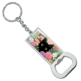 GRAPHICS & MORE Black Cat Hiding in Spring Flowers Keychain Rectangle Chrome Plated Metal Bottle Cap Opener