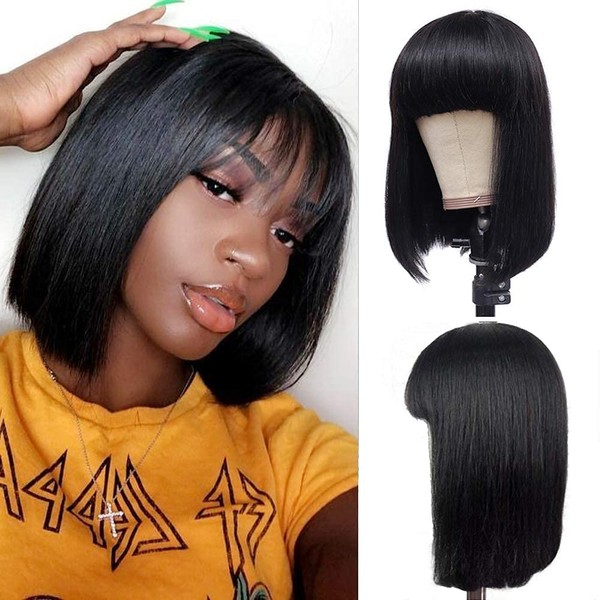 Amella Hair 12” Short Bob Wigs Brazilian Straight Human Hair Wigs With Bangs 100% Remy Human Hair Wigs 150% Density None Lace Front Wigs Glueless Machine Made Wigs For black Women