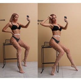 VEBZIN 2 Pack Sparkly Large Mesh And Medium Mesh White Fishnet Tights For Women Glitter Rhinestone Fishnets Leggings Stockings