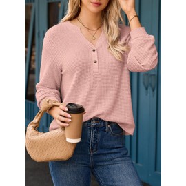 Dokotoo Womens Henley Shirts Trendy Fashion 2025 Fall Clothes Waffle Knit Blouse Dressy Casual V Neck White Tee Top Loose Fit Oversized Outifits Long Lantern Sleeve Cute Shirts Pink XX-Large
