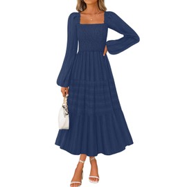 MEROKEETY Women's 2025 Long Sleeve Fall Dress Square Neck Smocked Flowy Tiered Casual Maxi Dresses with Pockets, Navy, S