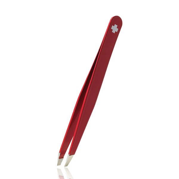 Rubis Hair Tweezers with Classic Slanted Tweezer Tip | Stainless Steel Tweezers for Plucking Eyebrows, Hairs, Moustache Hairs, and More | Perfectly Sculpted Eyebrows Every Time (red)