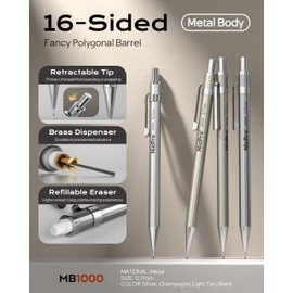 Nicpro 4-Piece Mechanical Pencil Set, Metal Pencils 0.7 mm with 8 Cans of Replacement Leads (HB), 3 Pieces 4B Erasers, Mechanical Pencils for Calligraphy, Sketching, Drawing