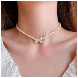 Andelaisi Boho Pearl Choker Necklace Choker Vintage Pearl Bow Pendant Necklace Minimalist Pearl Bead Collar Necklace Gold Pearl Chain Necklace Jewelry for Women