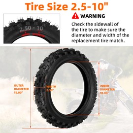 2.5-10" Off-Road Tire and Inner Tube Set - Dirt Bike Tire with 10-Inch Rim and 2.5/2.75-10 Dirt Bike Inner Tube Replacement Compatible with Honda CRF50/XR50, Suzuki DRZ70/JR50, and Yamaha PW50