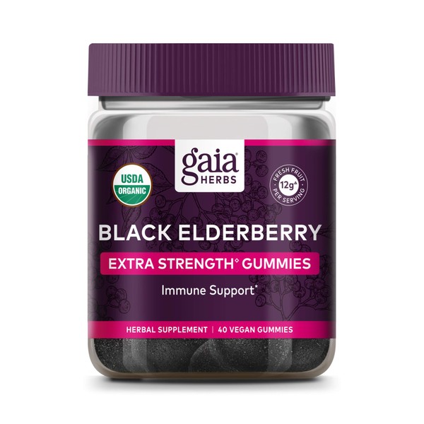Gaia Herbs Black Elderberry (Sambucus Nigra) Extra Strength Gummies - Delicious Immune Support Supplement - Made with Certified Organic Black Elderberries for Immune System Support - 40 Gummies