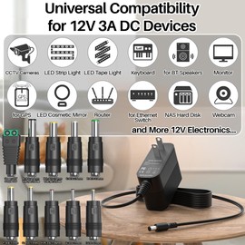 12V 3A Power Supply 36W 12V 3A Power Adapter with 10 Interchangeable Jacks 12V 2.5A Power Supply 12 Volt Universal Charger for LED Strip Light for CCTV Camera for BT Speaker for GPS, Webcam, Router