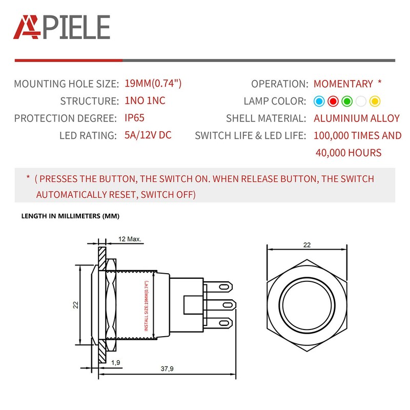 APIELE 19mm Momentary Push Button Switch On Off Aluminium Alloy