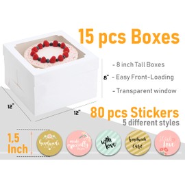 Baregamyan 12x12x8 Inch Cake Boxes 15 pcs, Large 12 Inch Cake Box with Window for 8 Inch Tall Tiered Bakery Cakes, Pies, Sturdy Square White Cardboard, Cake Decorating Supplies (80 Pcs Stickers)