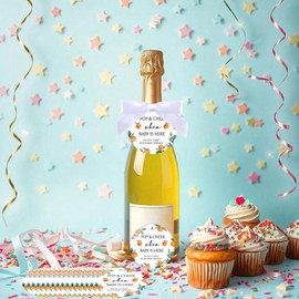 Diartpaint 50 Set Baby Shower Bottle Tags with Twist Tie Bows and Ribbon, 'Pop&Cheer When Baby is Here' Mini Champagne Bottle Favor Tags Labels Party Decorations Gifts for Girls Boys (Orange)