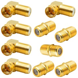 10 Pack 90 Degree Coaxial Cable Connector and RG6 Coax Cable Extender, F-Type Right Angle Male to Female Adapter and Female to Female Connector Gold Plated Adapter for TV Cables