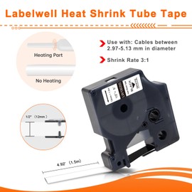 Labelwell Industrial Label Tape for 18055 S0718300 Replacement for Dymo Rhino Industrial Heat Shrink Tube Cable Labels 12 mm x 1.5 m for DYMO Rhino 4200, 5200, 5000, 1000, 3000, 6000, ILP-219, Pack of