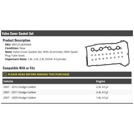 Marketplace Auto Parts - Valve Cover Gasket Set - Compatible with 2007-2012 Dodge Caliber 1.8L 2.0L 2.4L DOHC 4-Cylinder