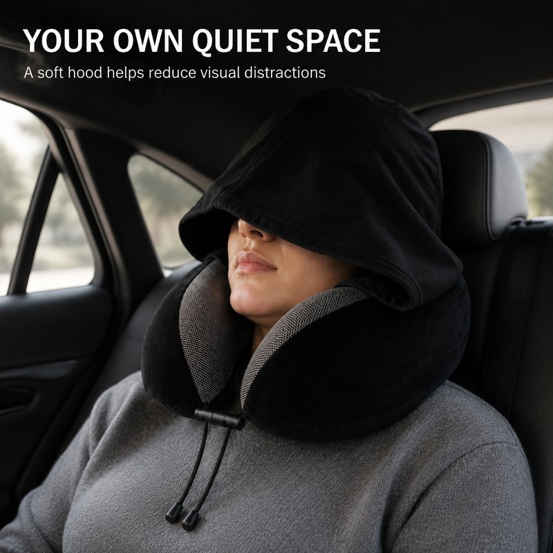 Hooded U-Shaped Memory Foam Travel Pillow, 9.84 × 9.06 ×