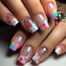 MERVF Square Press on Nails Medium Fake Nails Colorful French Tip Glue on Nails Press ons White Ombre Design Acrylic Wave Point Squoval False Nails for Women Glossy 24pcs