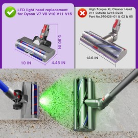 Lemige LED Green Light Head Replacement Parts for Dyson V7 V8 V10 V11 V15 Cordless Vacuum Cleaner, Quick Release LED Light Attachments, Anti-Tangle and Soft Brush Roller for Carpets, Rugs, Hard Floor