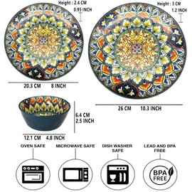 YA JU Mandala Dinnerware Sets (12 Pcs) Serves 4, Buffet Dinnerware, Boho Plates and Bowls Dish Set with 8" Deep Plate 10" dinner Plate 4.8" bowl, apply Casual dining Indoor Outdoor Dining Party