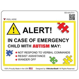 ALERT Child with Autism V1 (2 PACK) Full Color Printed Sticker by StickerDad® - size: 5", color: FULL - for Windows, Walls, Bumpers, Laptop, Lockers, etc.