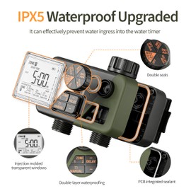 Diivoo Temporizador de Riego 2 Zonas, Programable para Manguera 2 Salidas, Sistema de Riego Automático Impermeable IPX5 con Retraso por Lluvia/Modo Manual para Jardín, Césped, Piscina