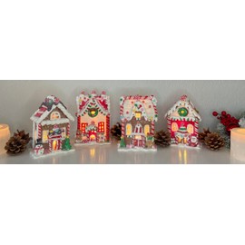Lighted Gingerbread House Christmas Decorations, Set of 4, Clay Dough Resin, 5.5 Inches High, Battery Operated