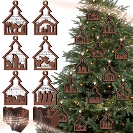 24 Pack Christmas Nativity Ornaments Gifts Bulk Wooden Nativity Scene Christian Ornaments Religious Catholic Ornaments Gifts Nativity Music Story Jesus Ornaments for Christmas Tree(Church Style)