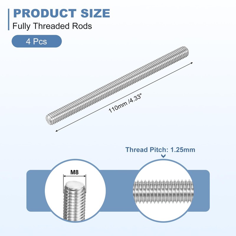sourcing map 4Pcs M8-1.25x110mm Fully Threaded Rods, Threaded Rods Bar