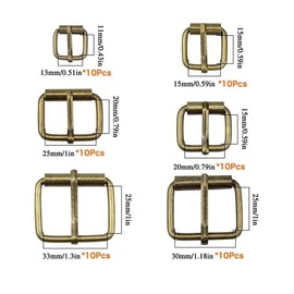 Hysagtek Hebillas de latón, 60 unidades, hebillas de rodillo, hebilla para bolsos, correa de piel, accesorios de bricolaje, 6 tamaños, 1.3 pulgadas, 1.2 pulgadas, 1.9 pulgadas, 0.77 pulgadas, 0.5 pulgadas, metal bronce