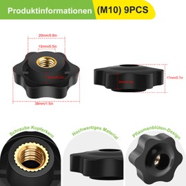 Star Grip Nut Star Grip M10 Non-Slip Internal Thread Clamping Knob 9 Pieces Insulation Knurled Button Through Hole for Machine Tools Mechanical Devices Furniture Decoration Electronic Devices