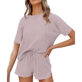 wkwmrpet Women's Waffle Knit Pjs Short Sleeve Top and Shorts Pullover Nightwear Lounge Pajama Set with Pockets