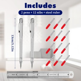 Telooco 2 Pack Metal Scribe,Carbide Scribe,Metal Scribe Tool with 12 Refills 1 Ruler, Scriber Marking Tools, Premium Etching Engraving Pen for Glass/Wood/Leather