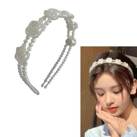 Double Pearl Rose Flower Headband White Pearl Headbands for Women Girls Pearls Roses Flower Head Bands Layer Pearl Hair Hoops Wedding Headband Pearl Rose Flower Headpieces