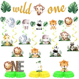 Wild One Geburtstag Deko Grün - 13 Stück Happy Birthday Banner Waldtiere HäNgend Waben Tischdekoration Für Geburtstagsdeko 1 Jahr Junge MäDchen Babypartys Kindergeburtstag Dschungel Party Dekoration