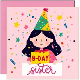 B'day Sister - Cute Birthday Card for Sisters Birthday, pink girls designs